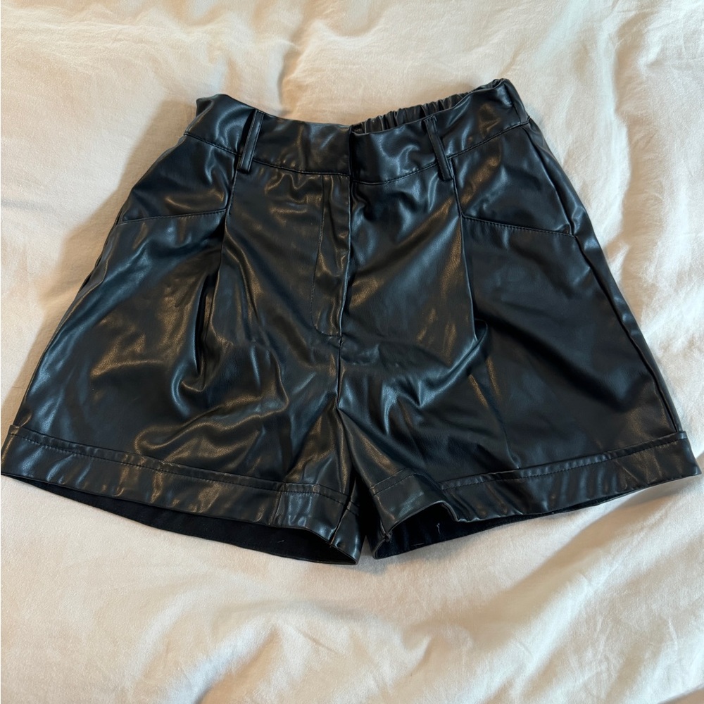 High rise black leather shorts